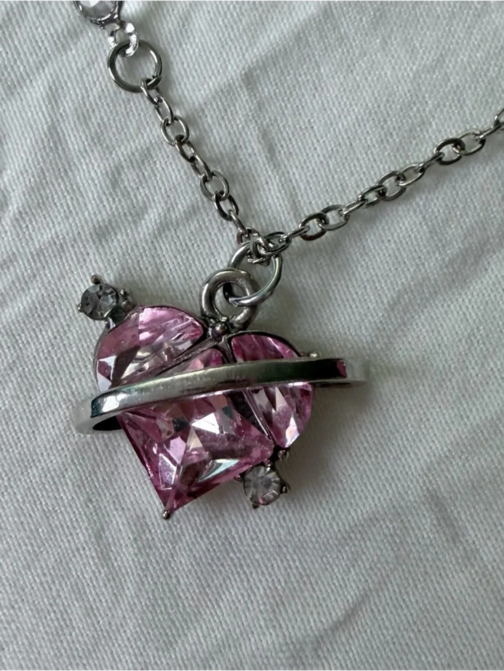 Brand New Y2K Magic Fantasy Silver Diamond Pink Heart Charm Pendant Necklace